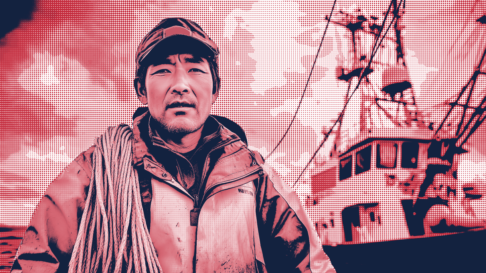 Stylized image of a fisher in front of a boat.