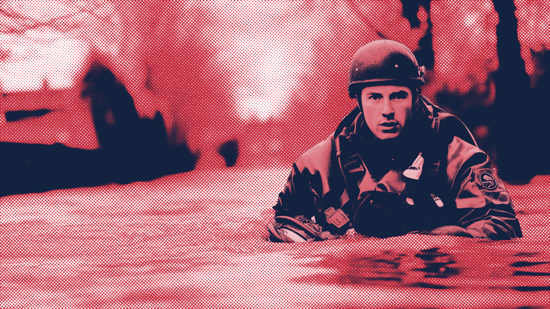 Stylized image of coast guard member wading through a flood.
