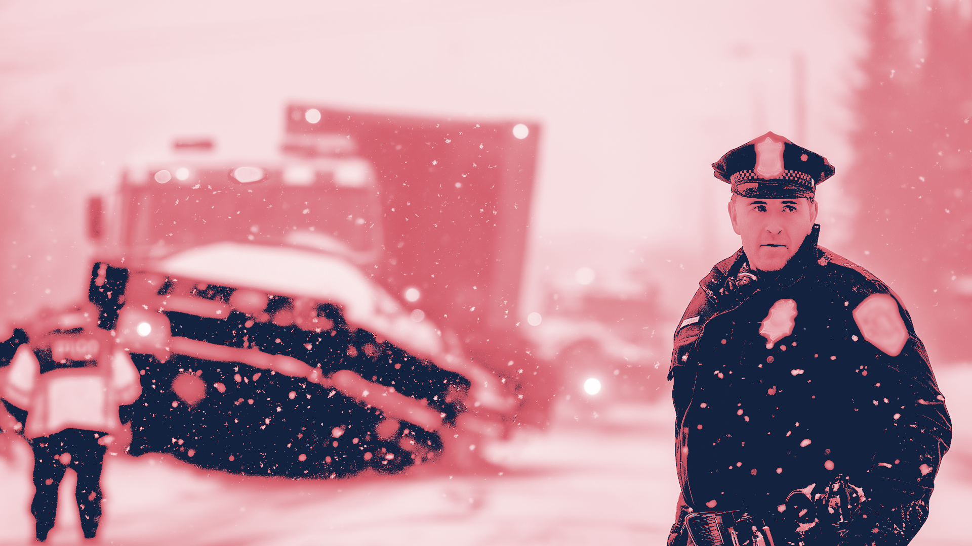 Stylized image of a police officer standing by a car accident in the snow.