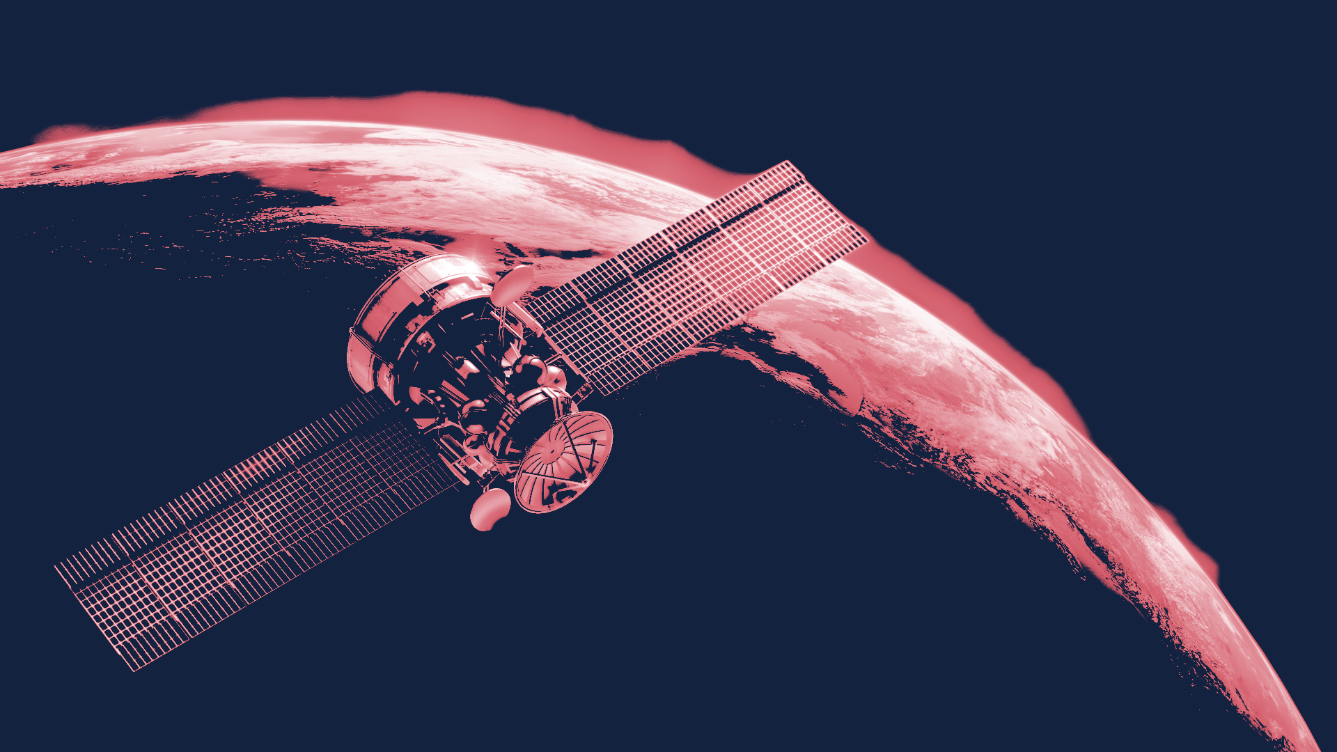 Stylized image of a satellite floating in space with earth in the background.