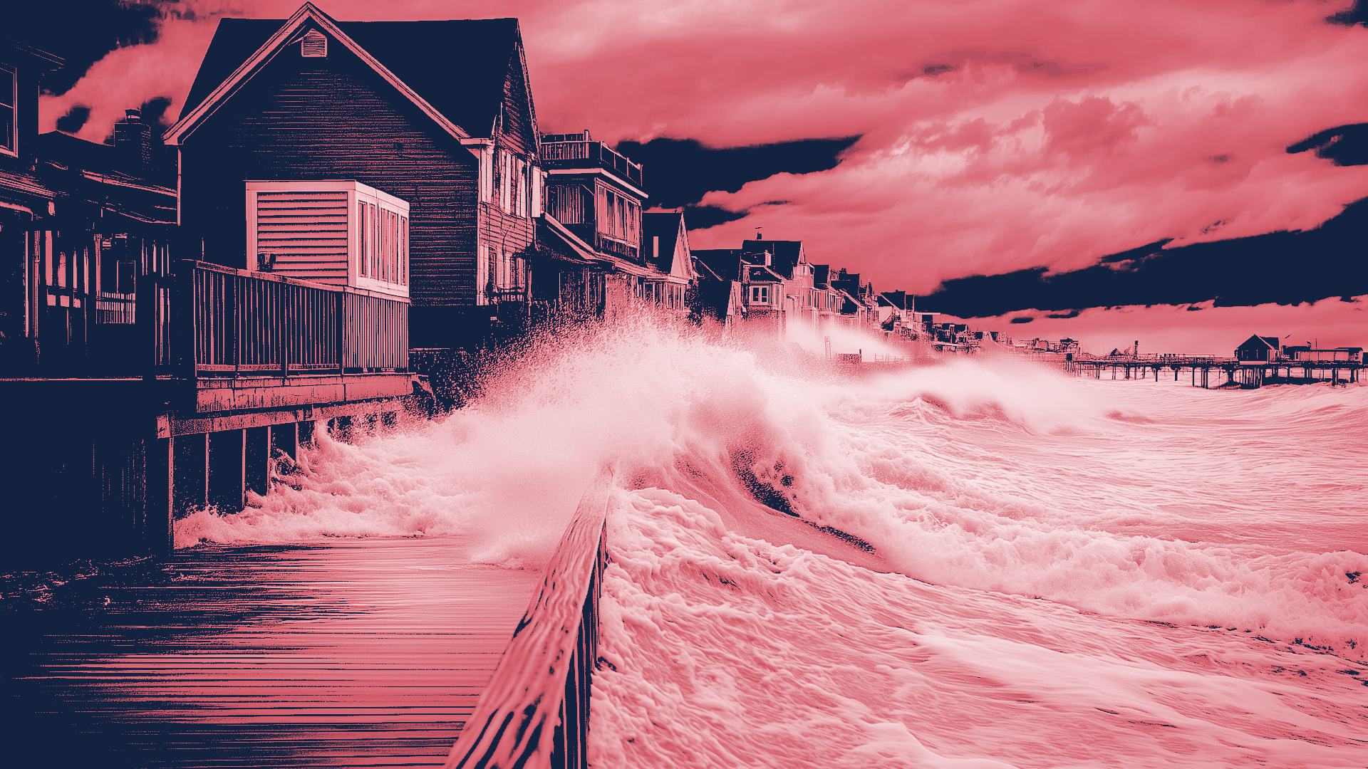 Stylized image of waves hitting beachfront homes in a coastal community.