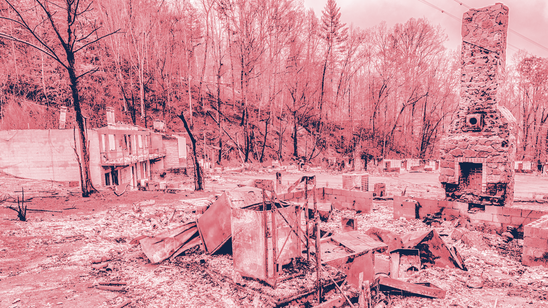Stylized image of homes destroyed by a wildfire.